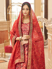 Rani Pink Bridal Lehenga Choli with Golden Embroidery & Red Floral Dupatta