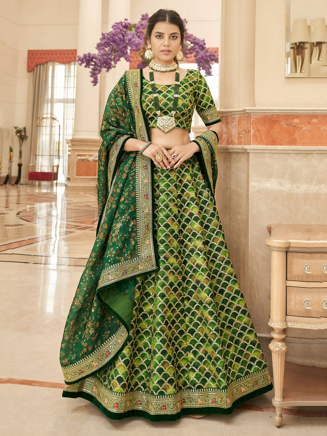 Emerald Green Bridal Lehenga Choli with Golden Embroidery & Floral Dupatta