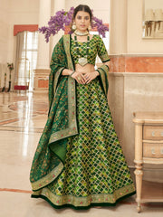 Emerald Green Bridal Lehenga Choli with Golden Embroidery & Floral Dupatta