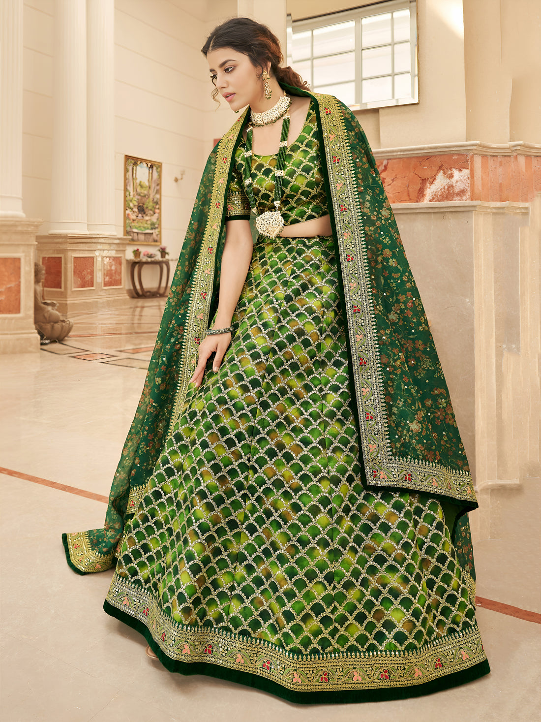 Emerald Green Bridal Lehenga Choli with Golden Embroidery & Floral Dupatta