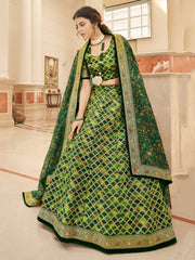 Emerald Green Bridal Lehenga Choli with Golden Embroidery & Floral Dupatta