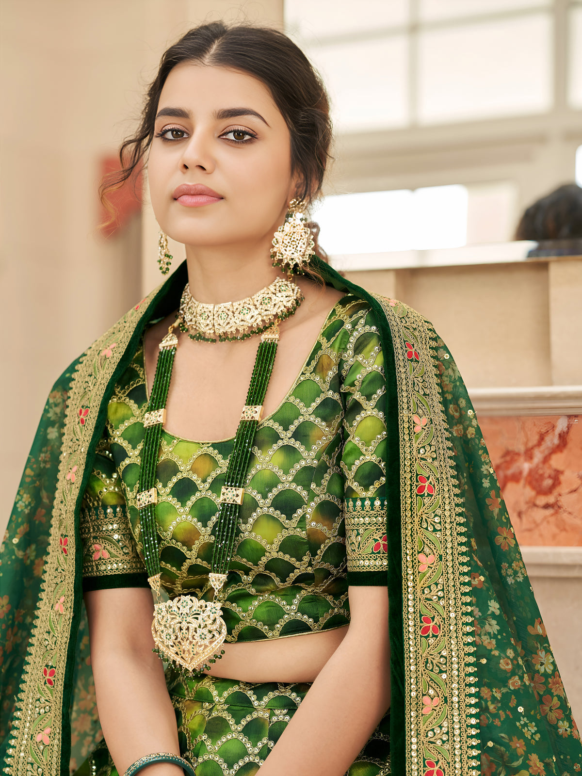 Emerald Green Bridal Lehenga Choli with Golden Embroidery & Floral Dupatta