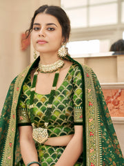 Emerald Green Bridal Lehenga Choli with Golden Embroidery & Floral Dupatta