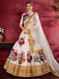 White Floral Lehenga Choli with Gold Embroidered Border & Dupatta