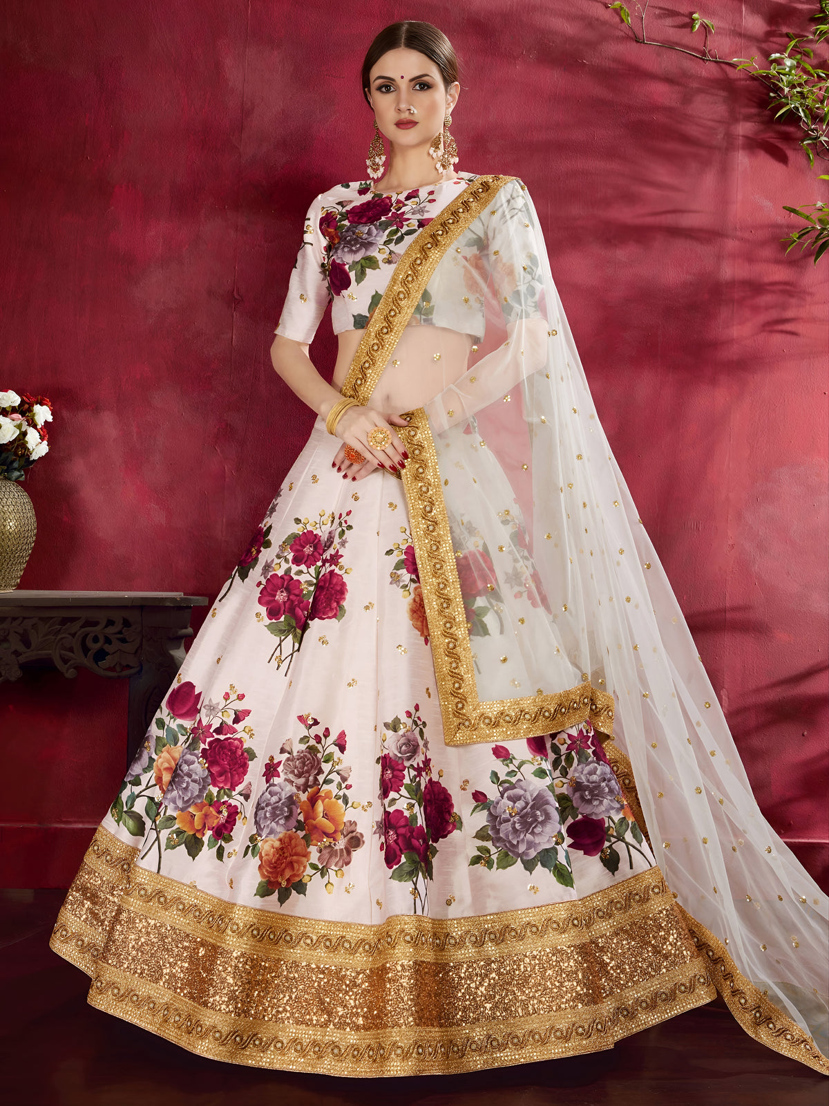 White Floral Lehenga Choli with Gold Embroidered Border & Dupatta
