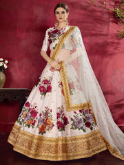 White Floral Lehenga Choli with Gold Embroidered Border & Dupatta