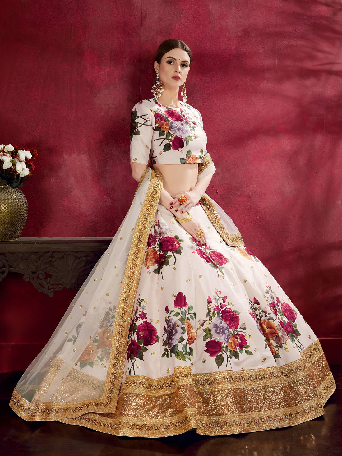 White Floral Lehenga Choli with Gold Embroidered Border & Dupatta