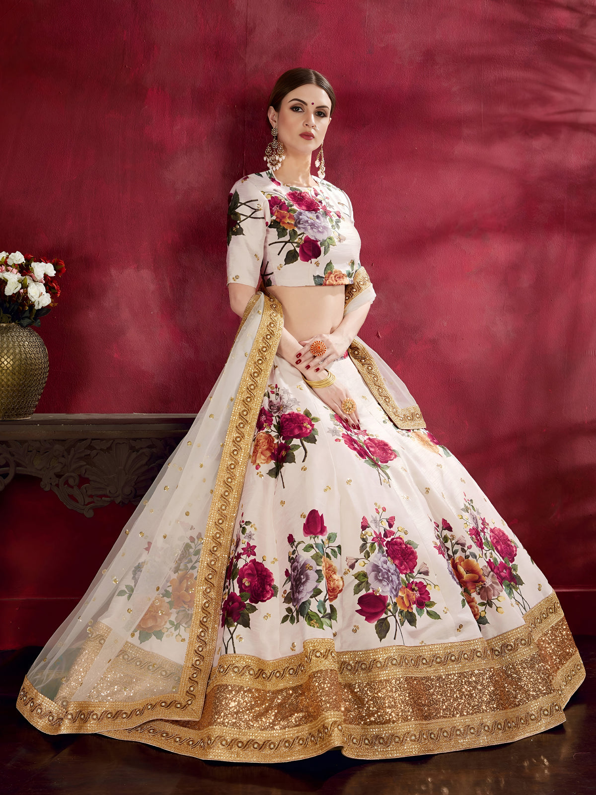 White Floral Lehenga Choli with Gold Embroidered Border & Dupatta