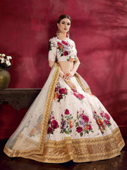 White Floral Lehenga Choli with Gold Embroidered Border & Dupatta