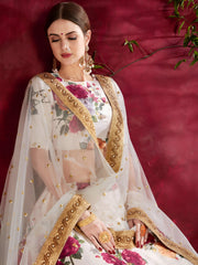 White Floral Lehenga Choli with Gold Embroidered Border & Dupatta