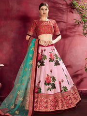 Pink Floral Lehenga Choli with Teal Dupatta & Gold Border