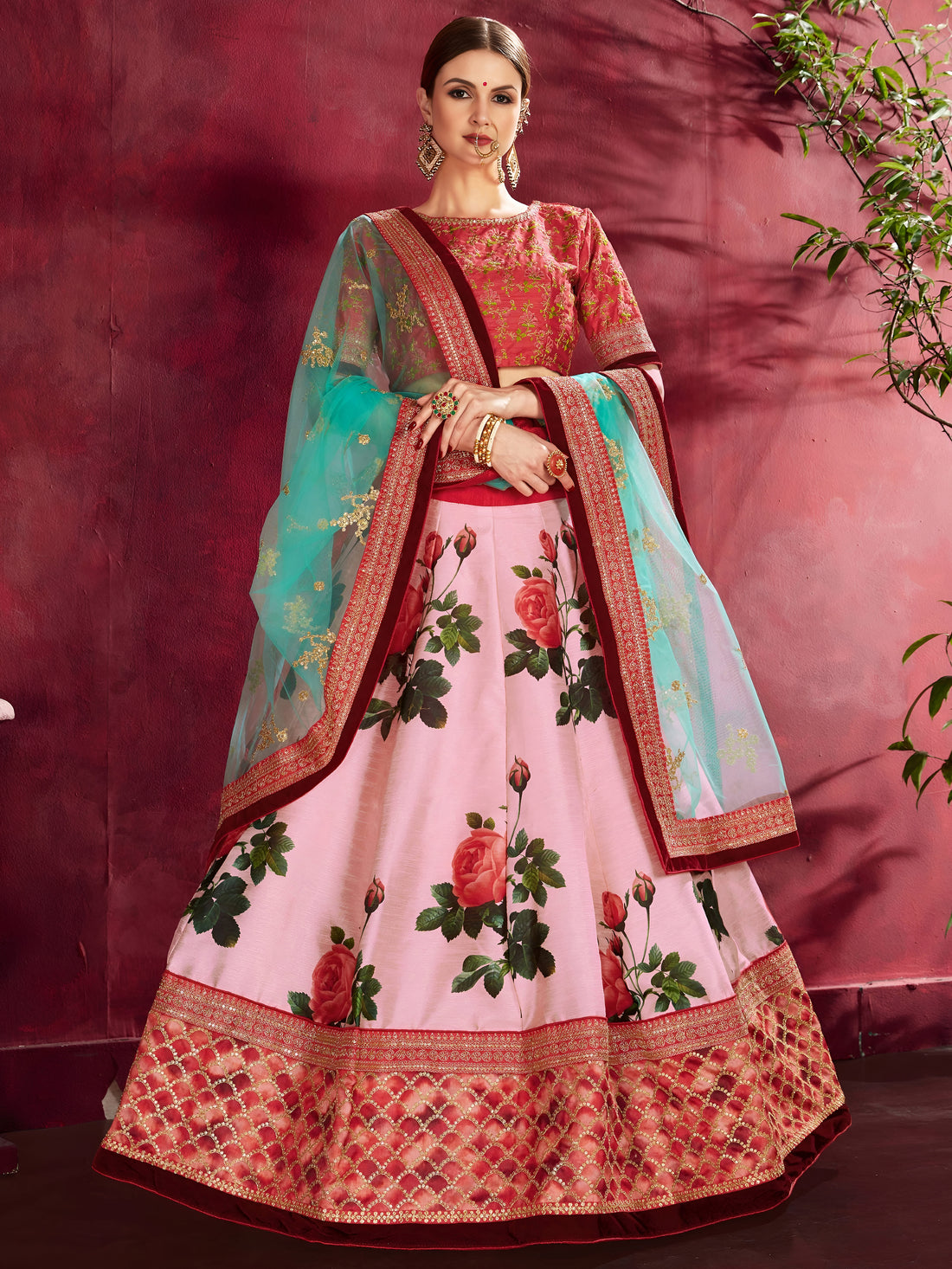 Pink Floral Lehenga Choli with Teal Dupatta & Gold Border