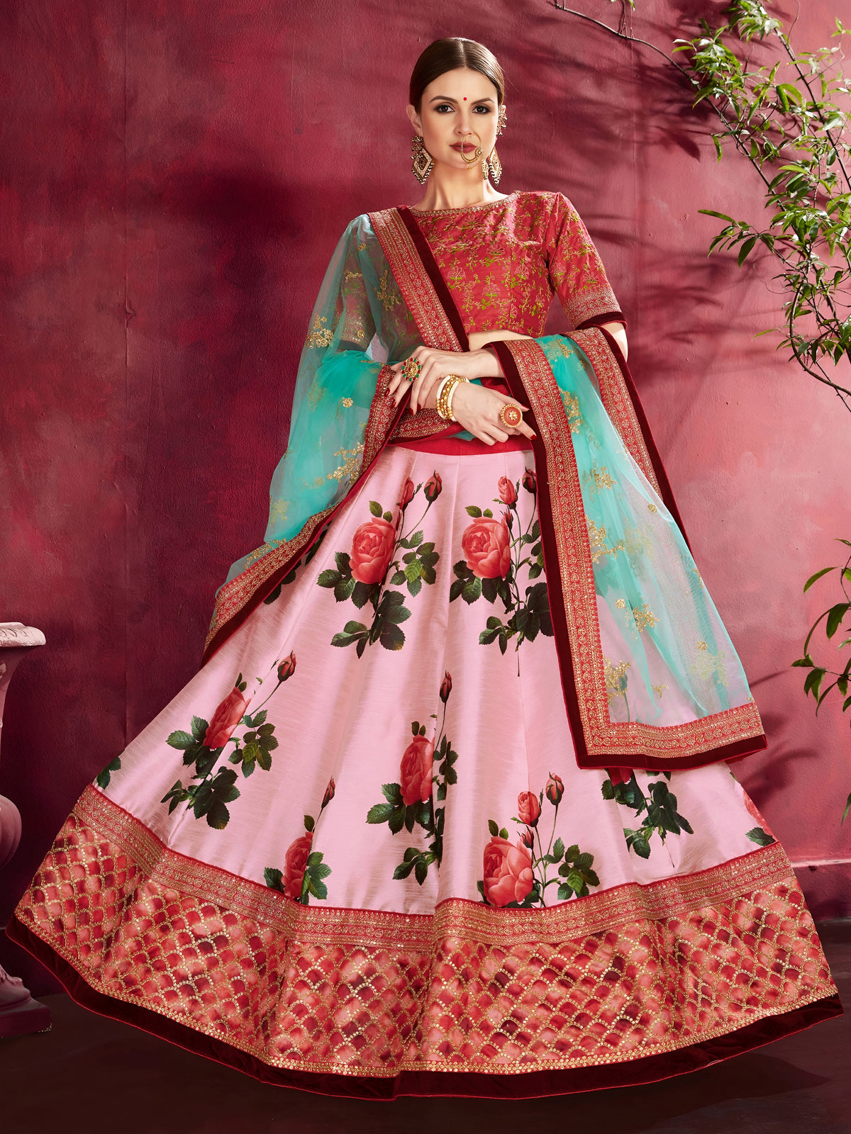 Pink Floral Lehenga Choli with Teal Dupatta & Gold Border