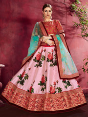 Pink Floral Lehenga Choli with Teal Dupatta & Gold Border