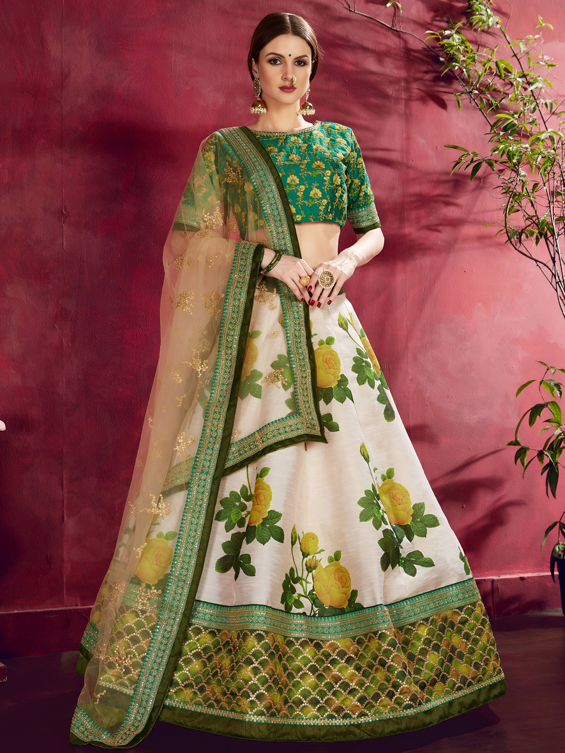 White Floral Lehenga Choli with Green Gold Border & Dupatta