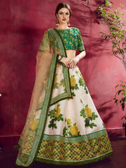 White Floral Lehenga Choli with Green Gold Border & Dupatta
