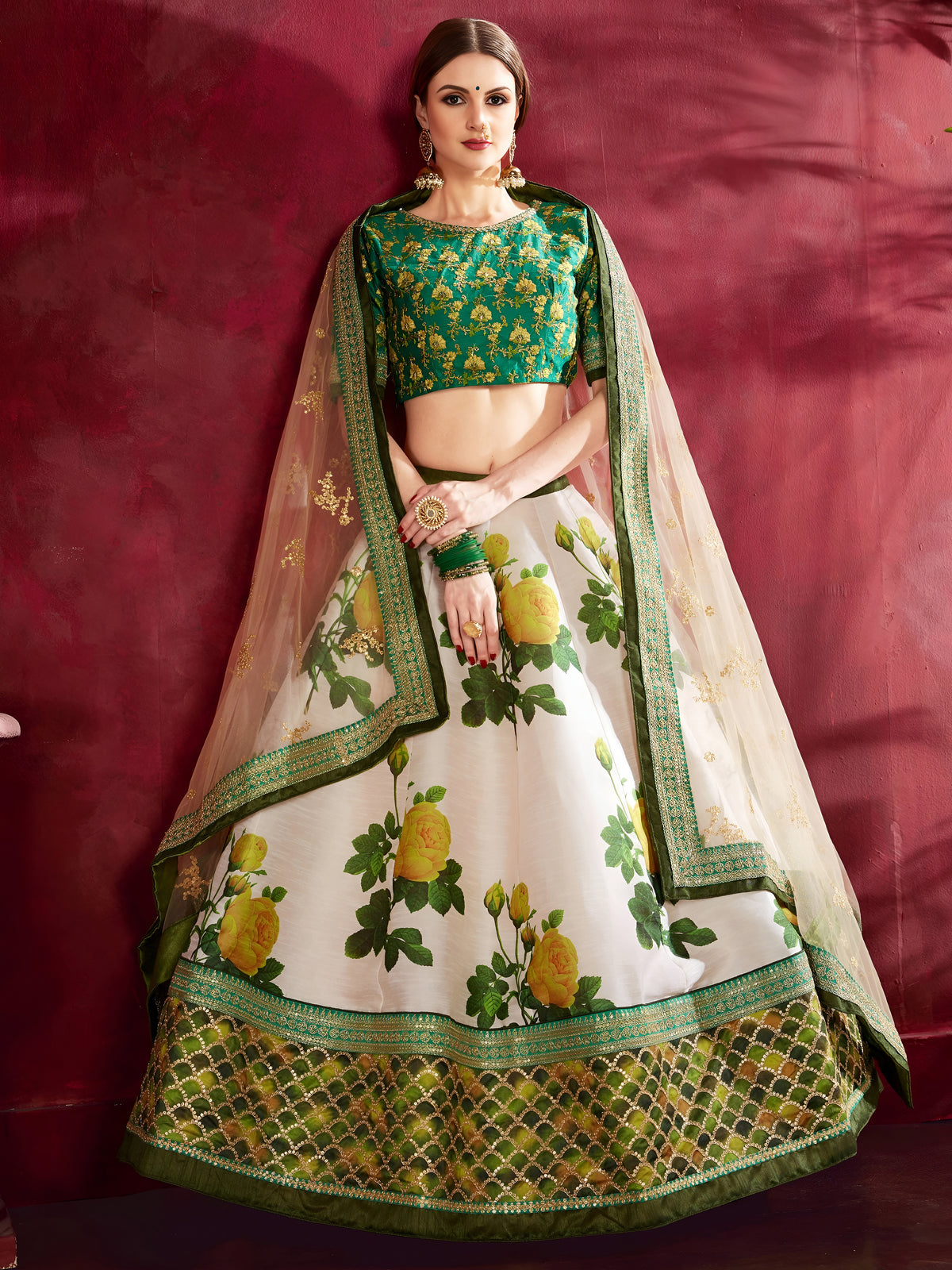 White Floral Lehenga Choli with Green Gold Border & Dupatta