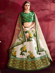 White Floral Lehenga Choli with Green Gold Border & Dupatta