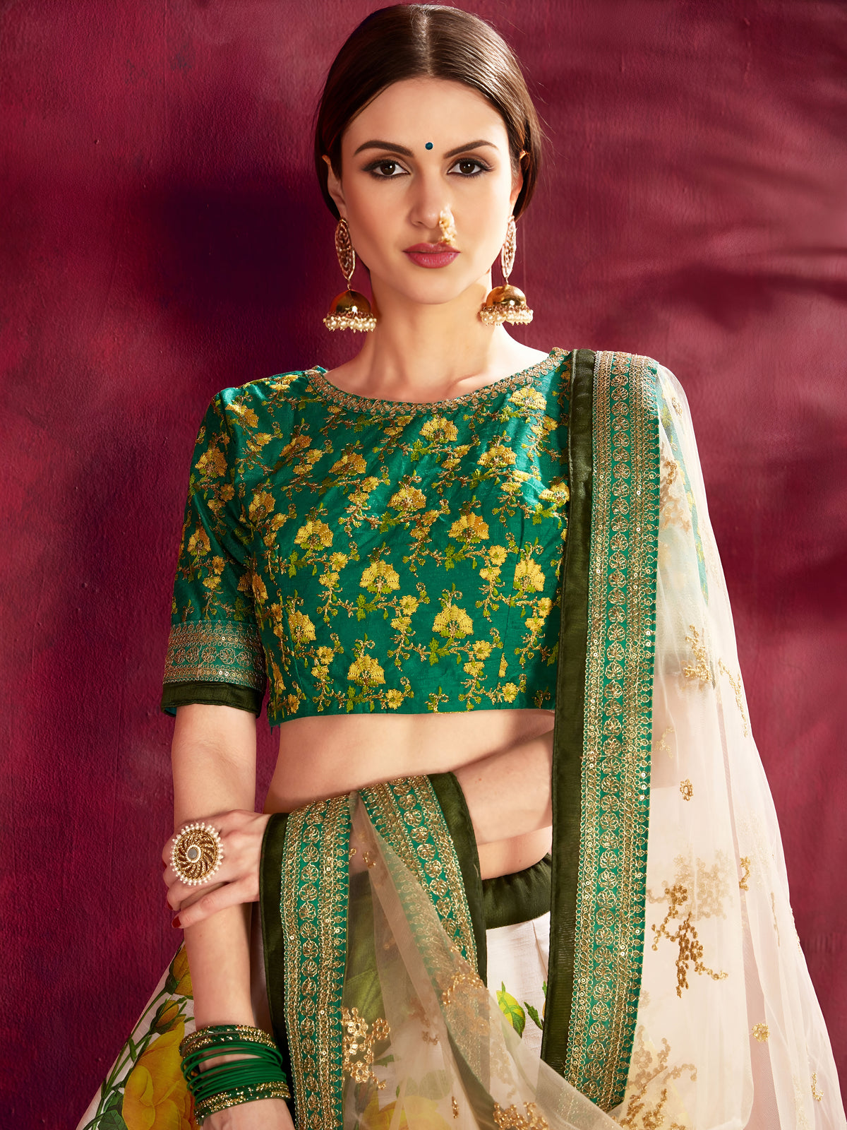 White Floral Lehenga Choli with Green Gold Border & Dupatta