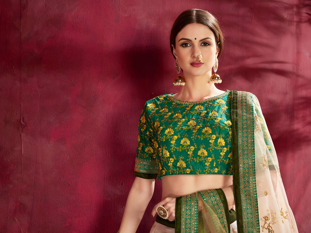 White Floral Lehenga Choli with Green Gold Border & Dupatta