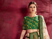 White Floral Lehenga Choli with Green Gold Border & Dupatta