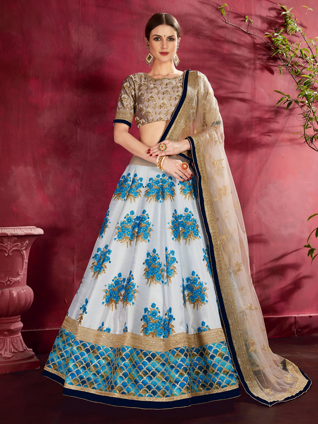 White and Blue Floral Lehenga Choli with Gold Border & Dupatta