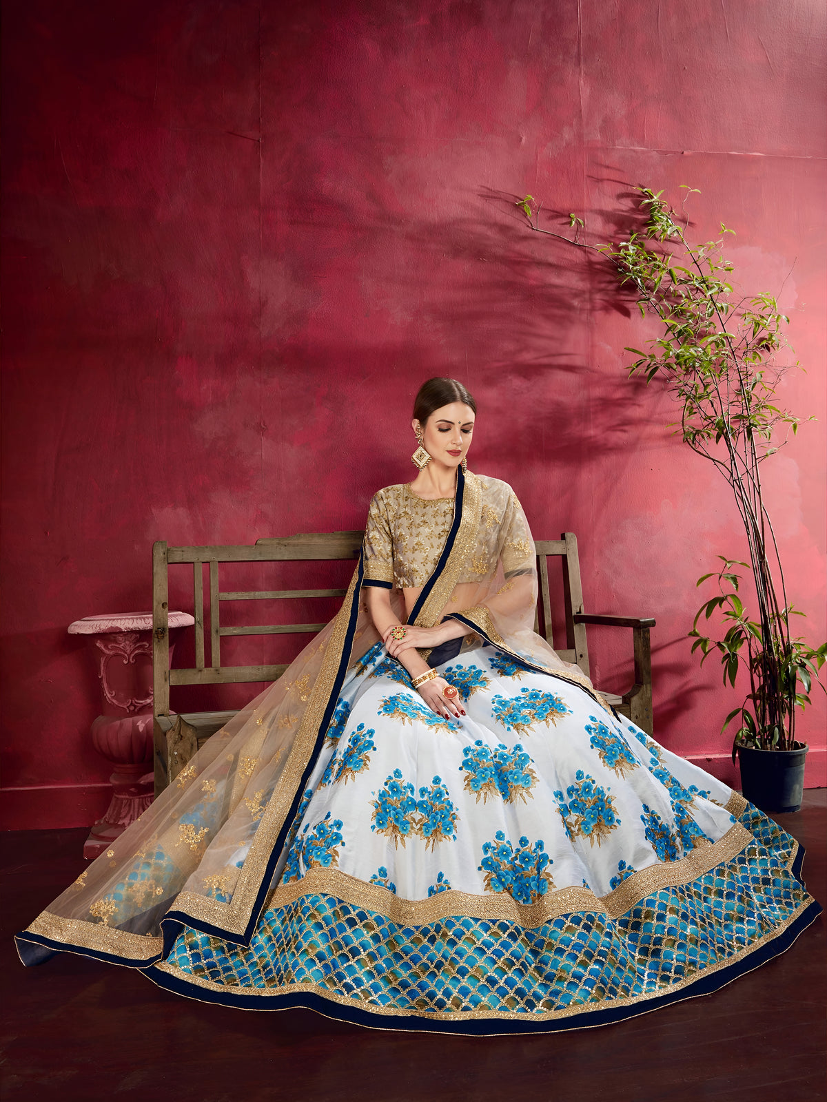 White and Blue Floral Lehenga Choli with Gold Border & Dupatta