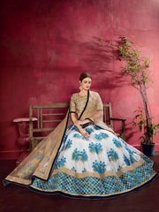 White and Blue Floral Lehenga Choli with Gold Border & Dupatta