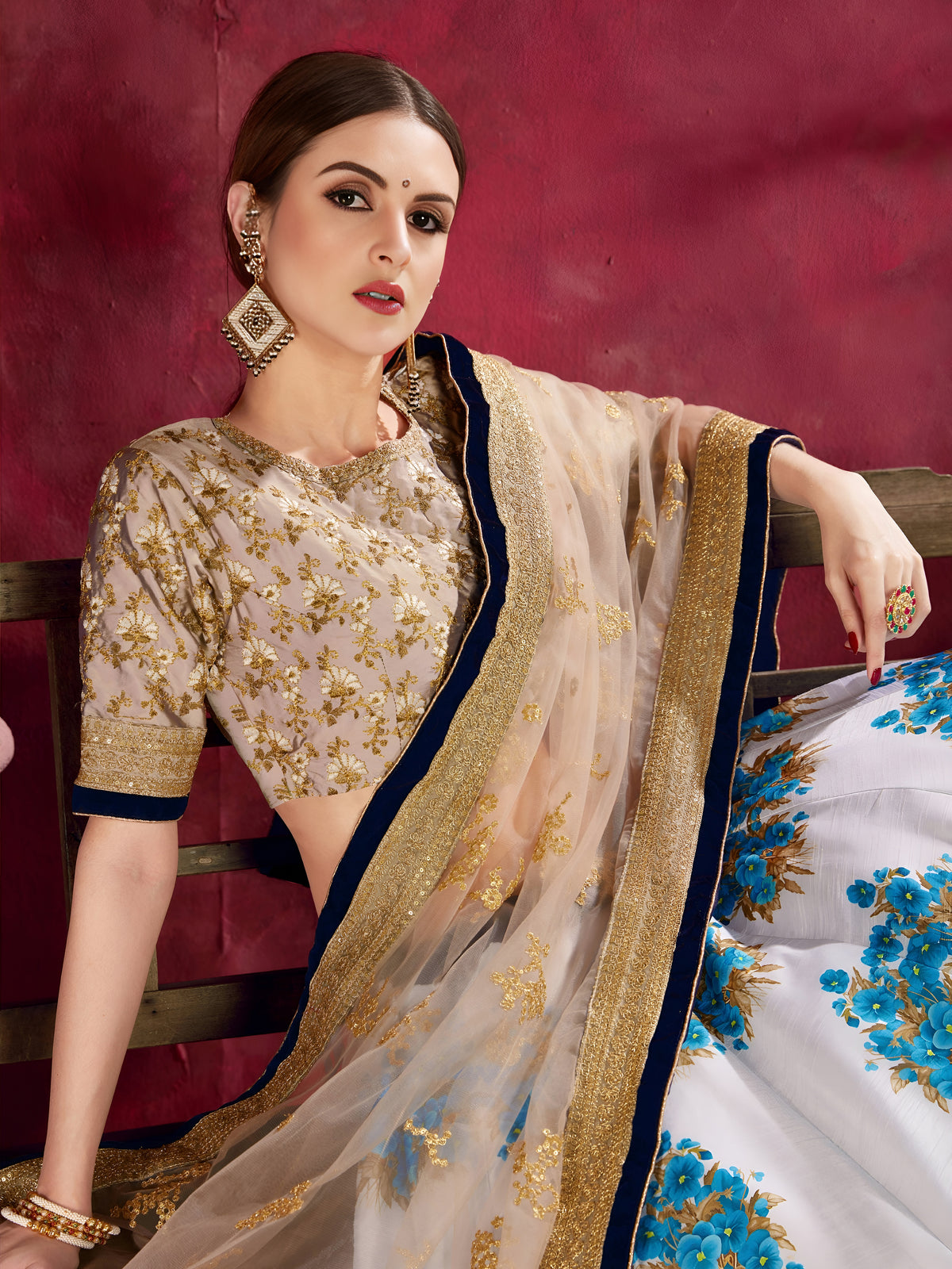 White and Blue Floral Lehenga Choli with Gold Border & Dupatta