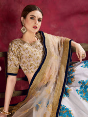 White and Blue Floral Lehenga Choli with Gold Border & Dupatta