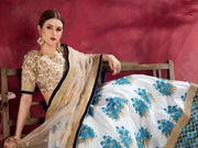 White and Blue Floral Lehenga Choli with Gold Border & Dupatta