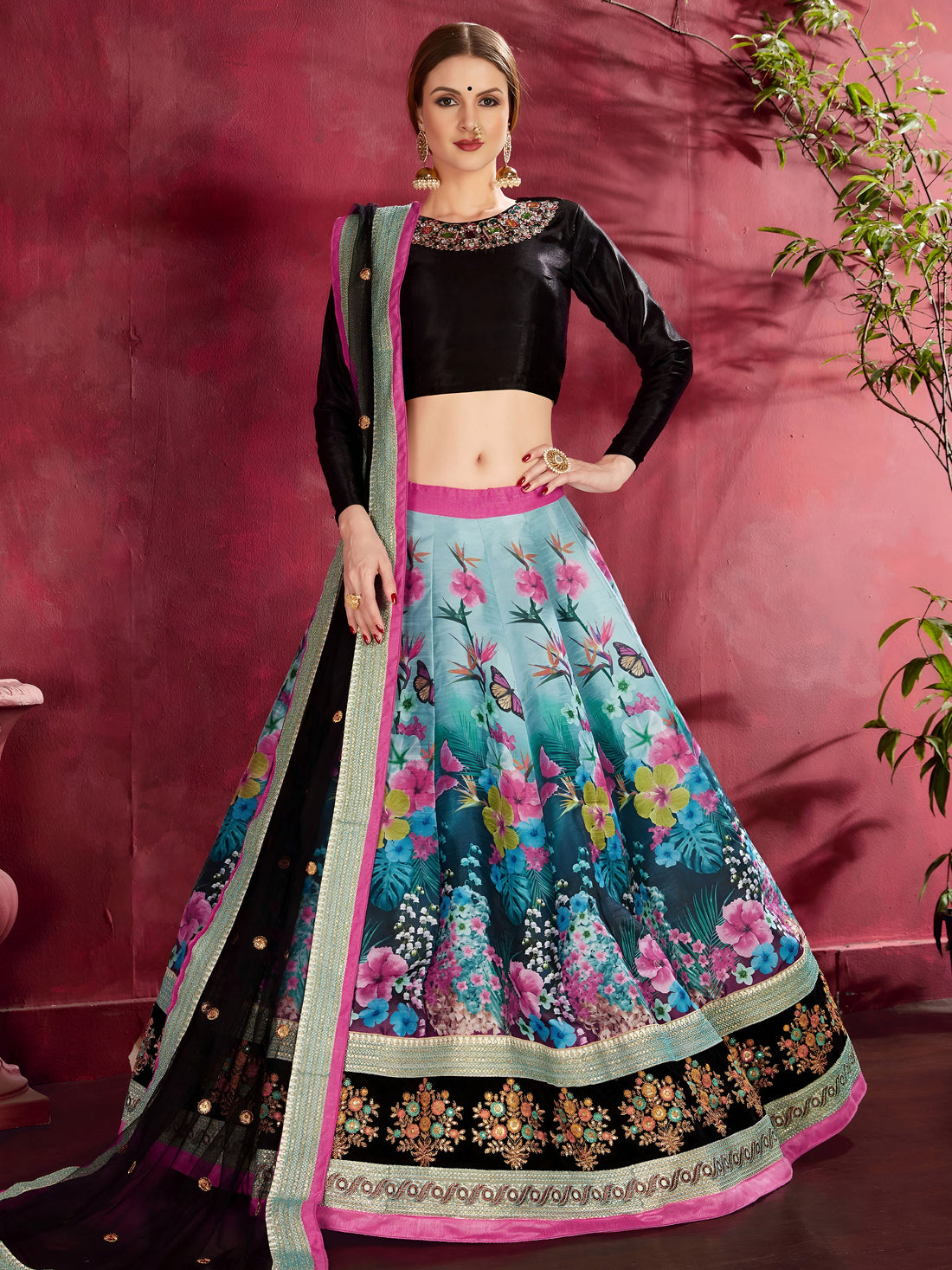 Black Floral Lehenga Choli with Aqua Blue Print & Pink Border