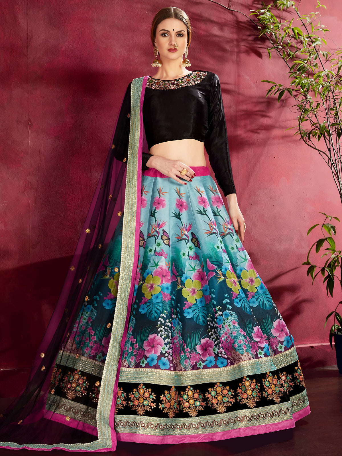 Black Floral Lehenga Choli with Aqua Blue Print & Pink Border