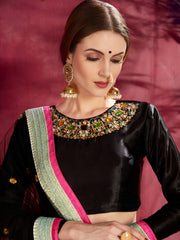 Black Floral Lehenga Choli with Aqua Blue Print & Pink Border