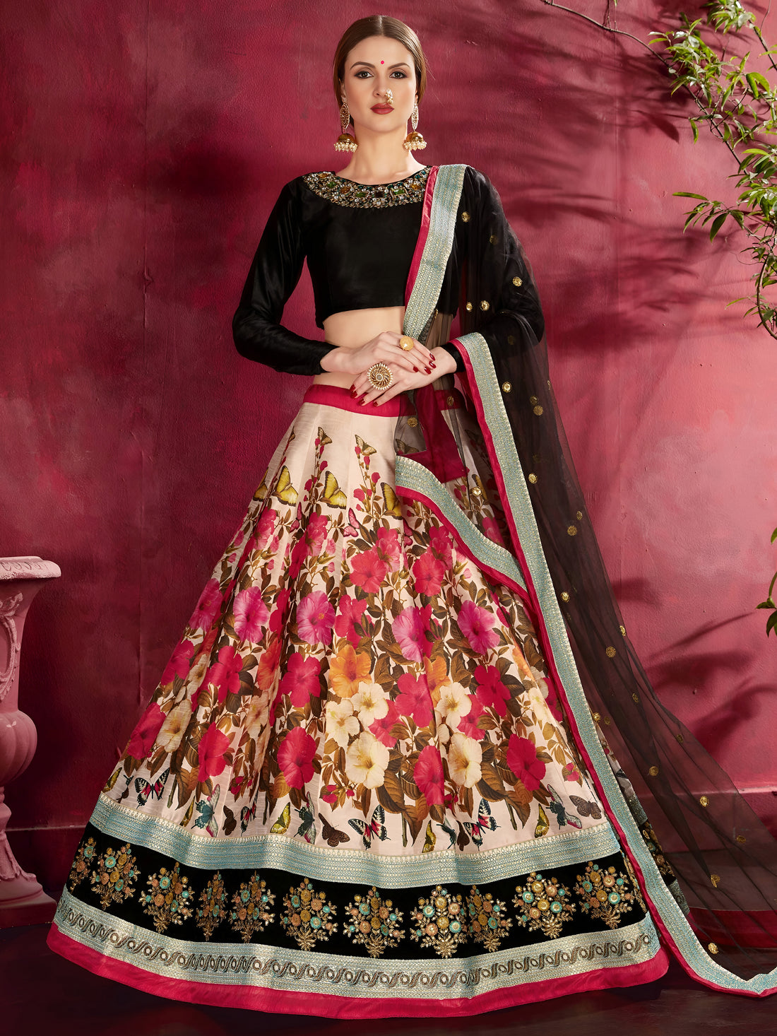Cream Floral Lehenga Choli with Black Dupatta & Pink Border