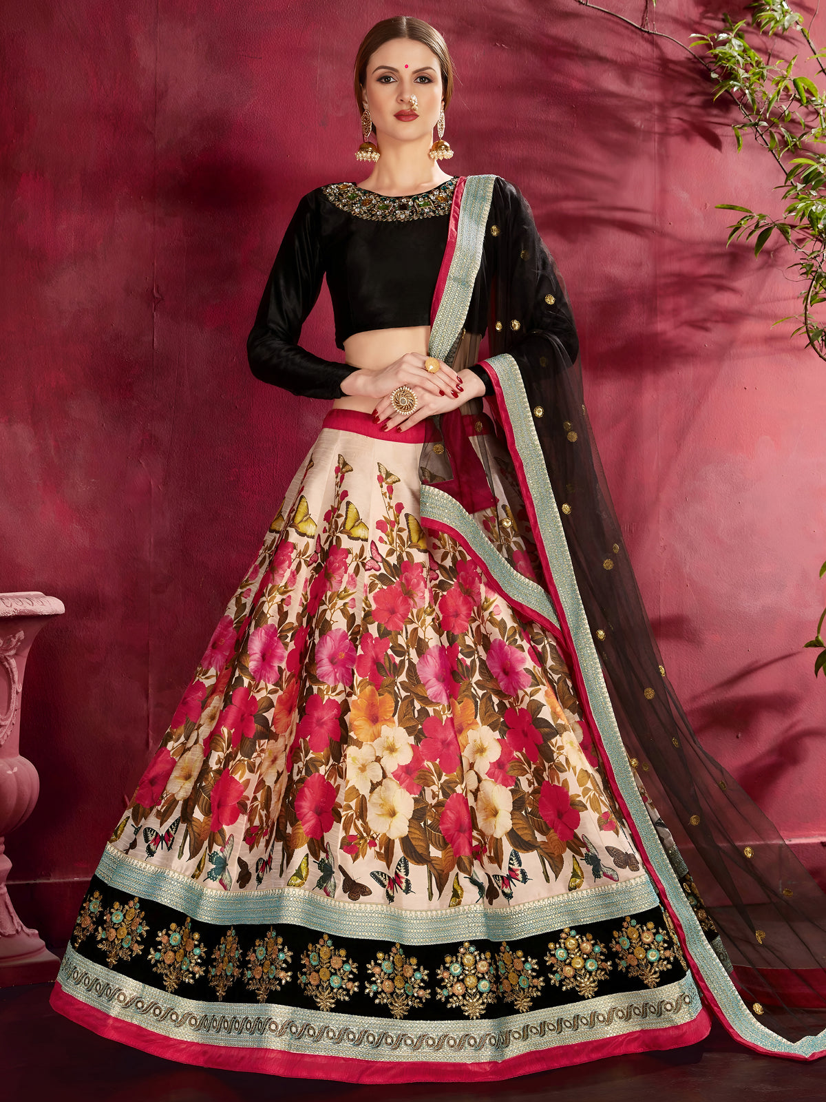 Cream Floral Lehenga Choli with Black Dupatta & Pink Border