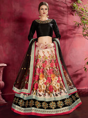 Cream Floral Lehenga Choli with Black Dupatta & Pink Border