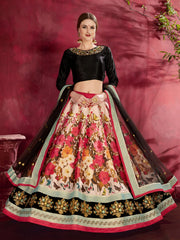 Cream Floral Lehenga Choli with Black Dupatta & Pink Border