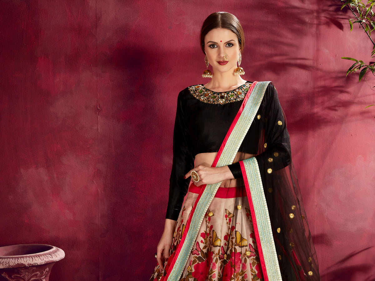 Cream Floral Lehenga Choli with Black Dupatta & Pink Border