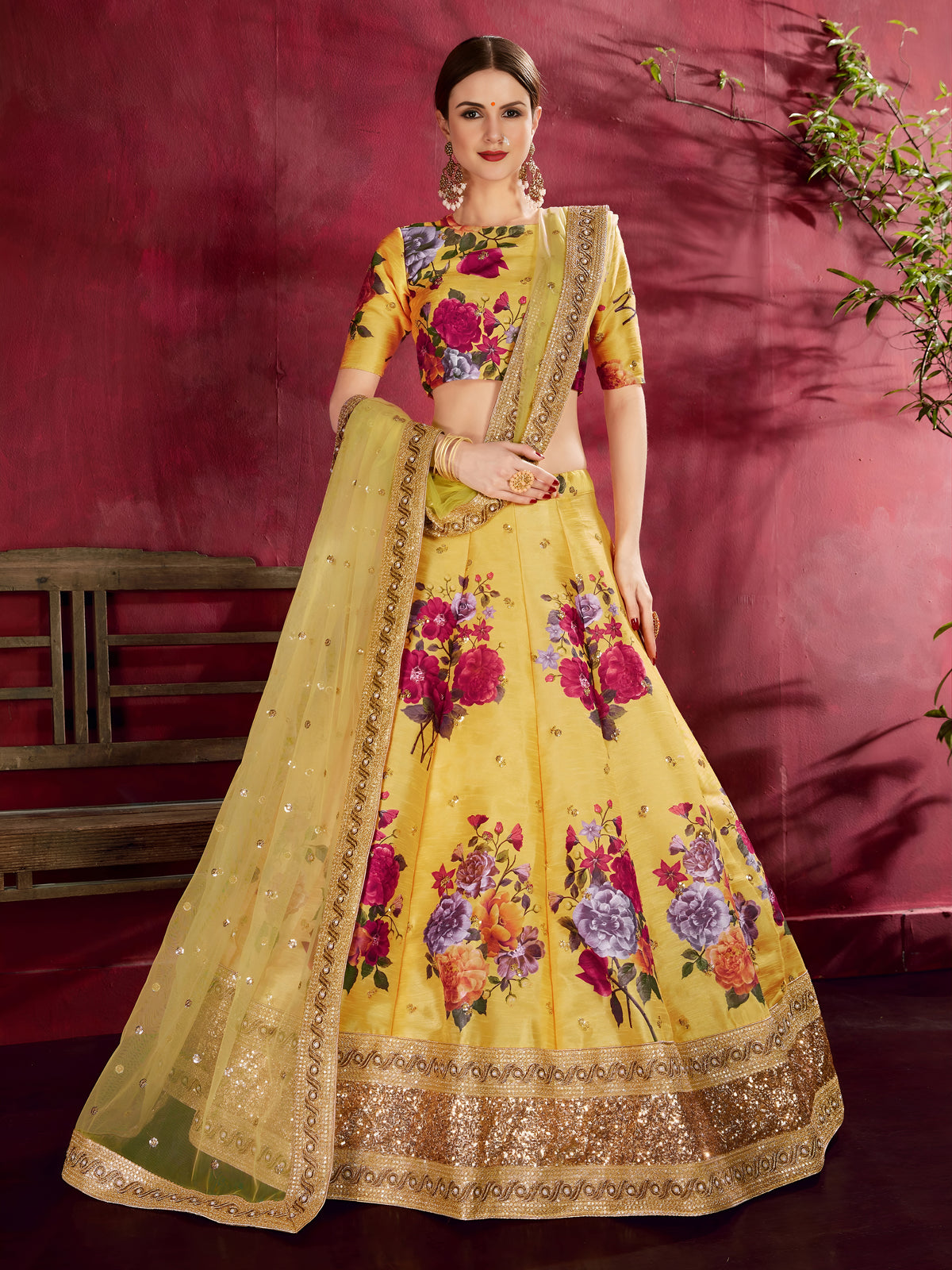 Mustard Yellow Floral Lehenga Choli with Golden Border & Dupatta