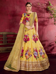 Mustard Yellow Floral Lehenga Choli with Golden Border & Dupatta