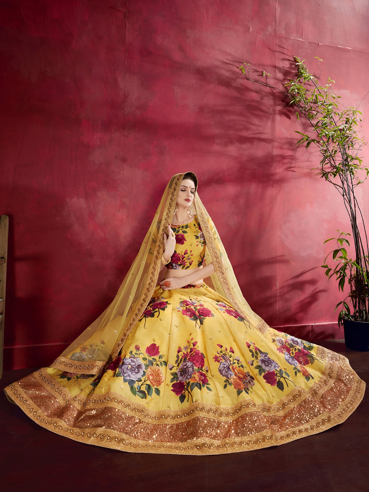 Mustard Yellow Floral Lehenga Choli with Golden Border & Dupatta