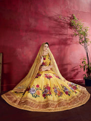 Mustard Yellow Floral Lehenga Choli with Golden Border & Dupatta