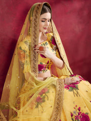 Mustard Yellow Floral Lehenga Choli with Golden Border & Dupatta