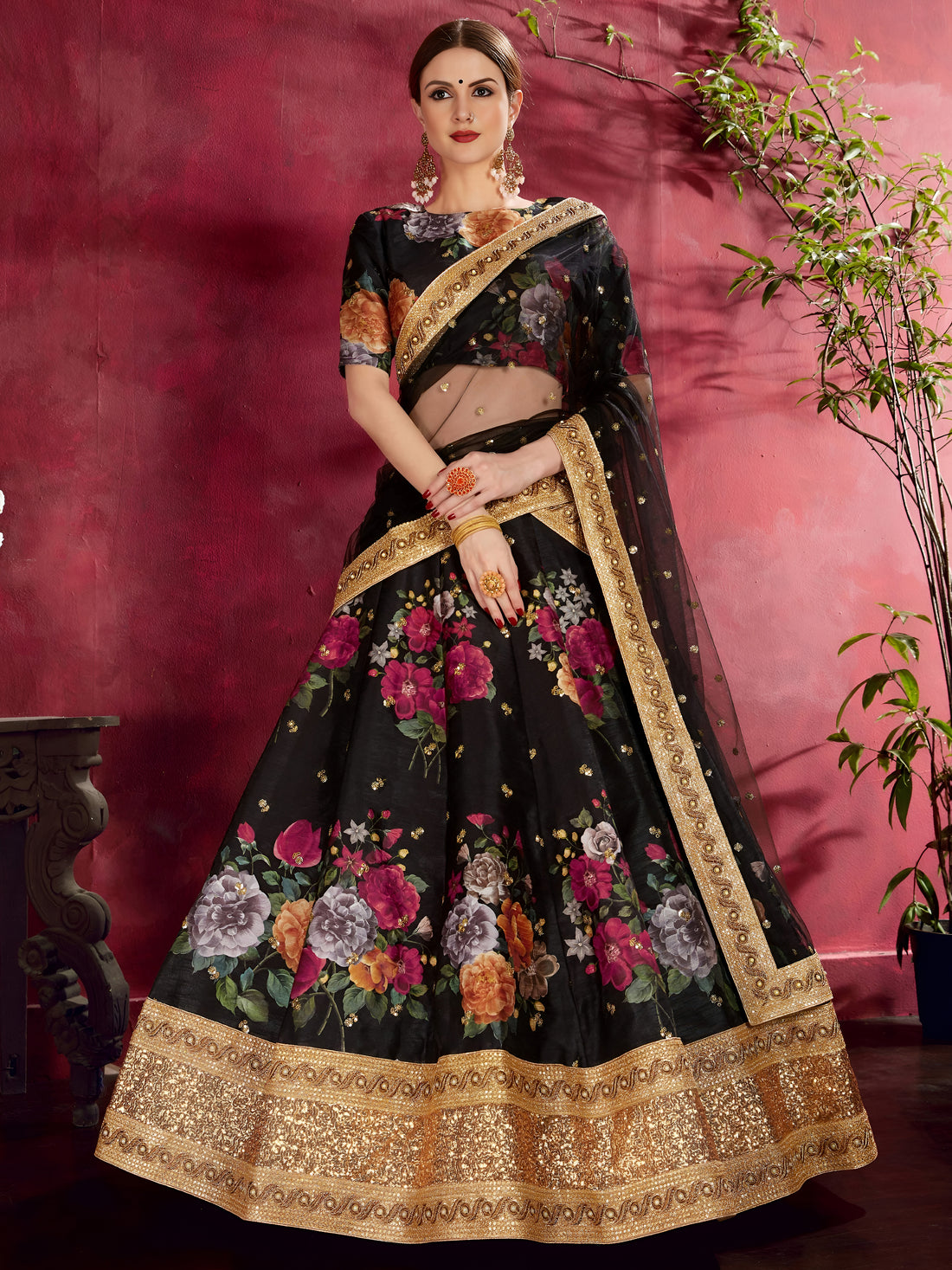 Black Floral Lehenga Choli with Heavy Golden Border & Dupatta