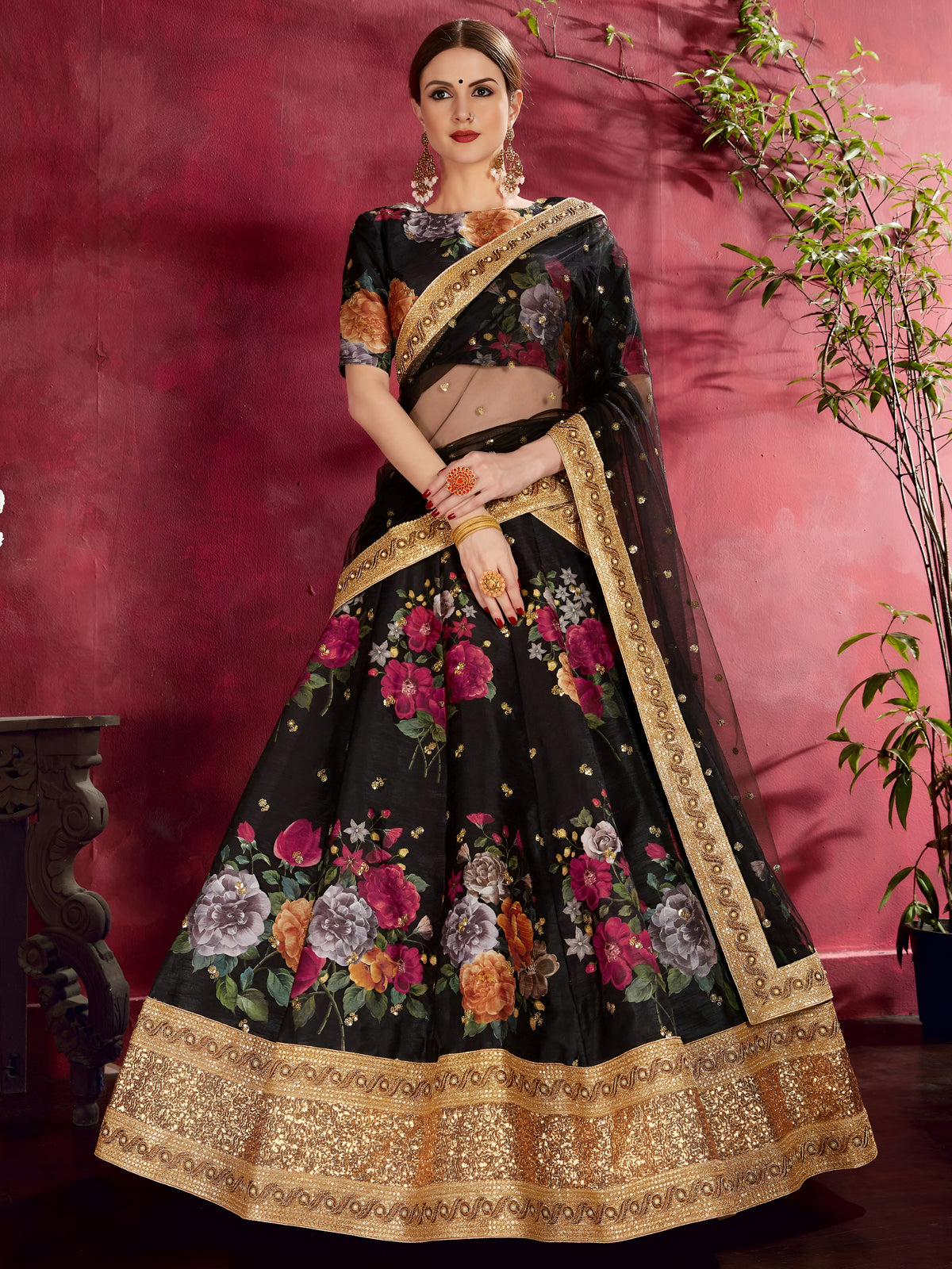 Black Floral Lehenga Choli with Heavy Golden Border & Dupatta