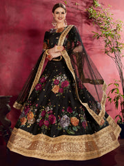 Black Floral Lehenga Choli with Heavy Golden Border & Dupatta