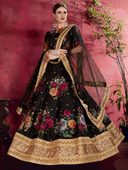 Black Floral Lehenga Choli with Heavy Golden Border & Dupatta