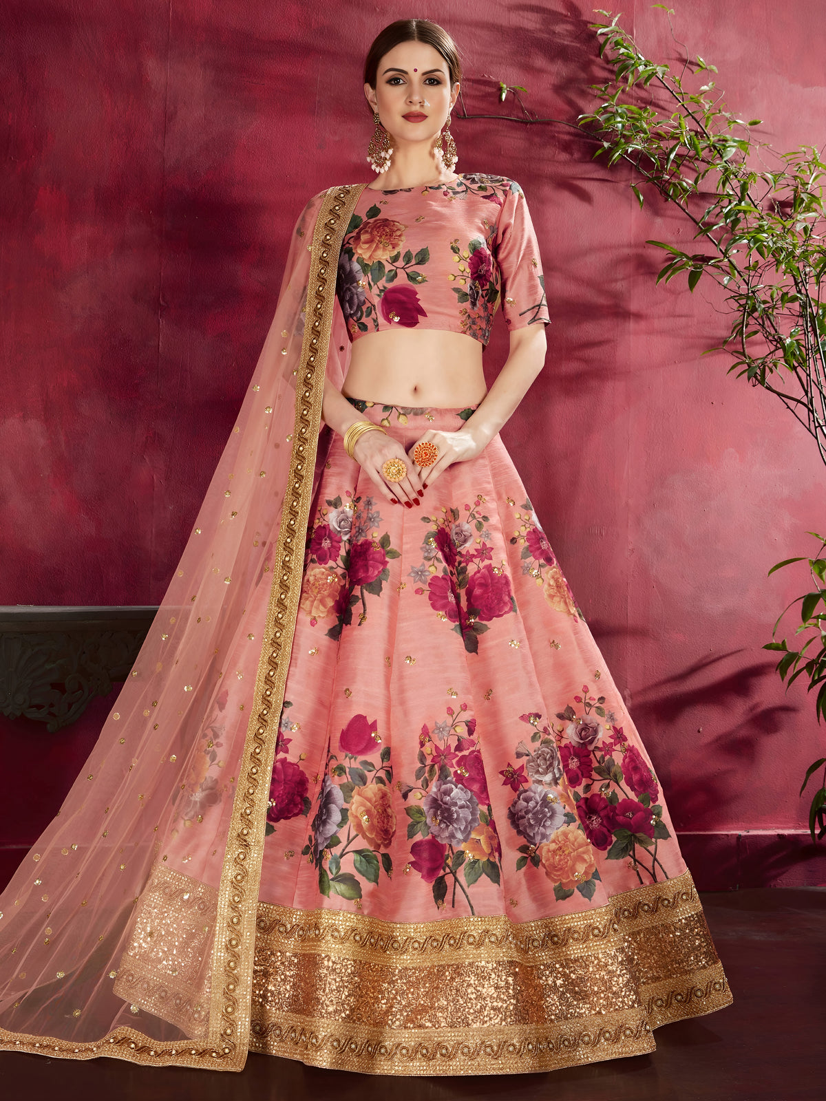 Peach Pink Floral Lehenga Choli with Heavy Golden Border & Dupatta