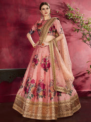 Peach Pink Floral Lehenga Choli with Heavy Golden Border & Dupatta